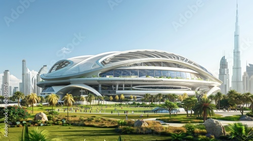 A large stadium with a city in the background. Generate AI image