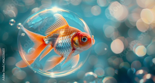 Goldfish Swimming in a Bubble in a Blue Tank