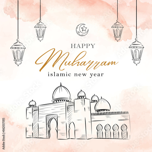 Greeting card muharram with watercolor painting background