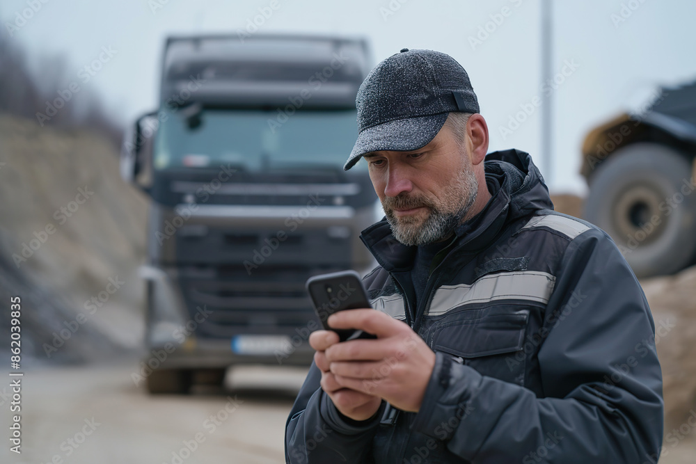 truck driver using smartphone with semi trucks in the background at a construction site truck driver using smartphone with semi trucks in the background at a construction site