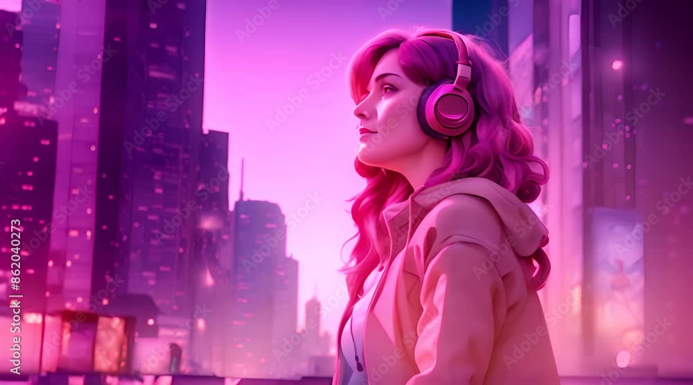 A woman with bright red headphones, her eyes closed, smiling softly, stands in the foreground A woman with bright red headphones, her eyes closed, smiling softly, stands in the foreground