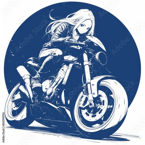 Anime girl riding a motorcycle in a blue circle, vector illustration. Illustration of anime character, bike, speed, power and freedom