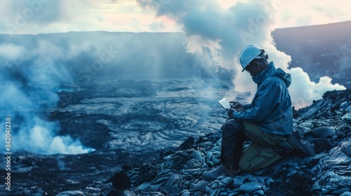 A scientist taking atmospheric readings atop a volcano during a warm, early morning photo