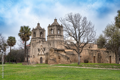Exterior view of historic Mission Conception in San Antonio Texas