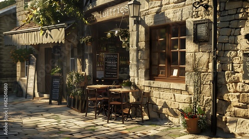 Fototapeta Naklejka Na Ścianę i Meble -  small bistro with a charming stone facade, located in a quiet village, where the stone's warmth and texture invite passersby to step inside
