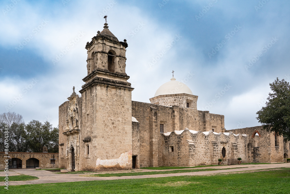 Exterior view of historic Mission San Jose in San Antonio Texas USA