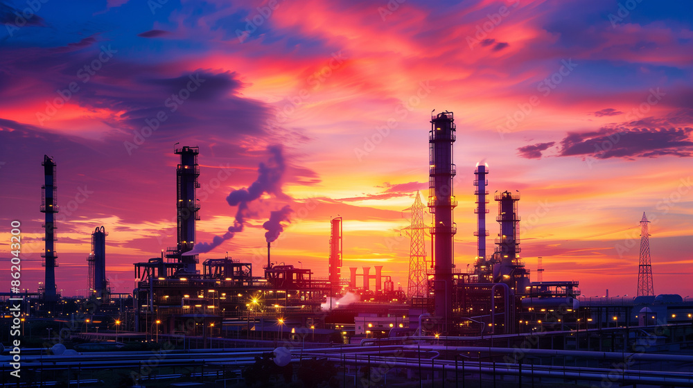 oil refinery at sunset