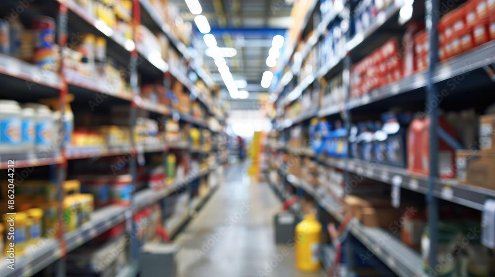 Blurred shelves in DIY store aisle Blurred shelves in DIY store aisle