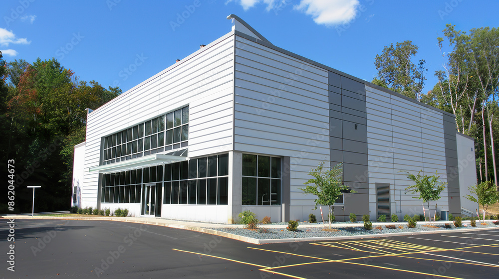 Modern Warehouse Exterior with White and Grey Paneling Modern Warehouse Exterior with White and Grey Paneling
