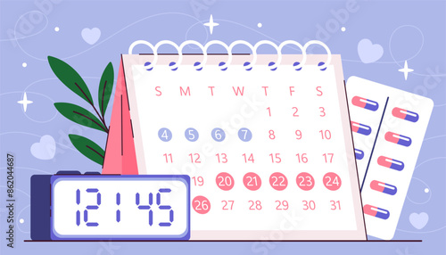 Daily calendar concept. Menstrual calendar with clocks. Female reproductive system. Fertility and gynecology. Ovulation and menstruation. Cartoon flat vector illustration isolated on blue background