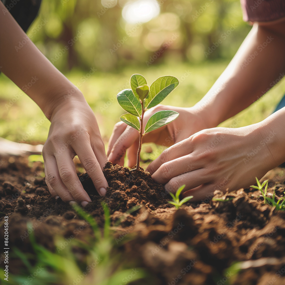 Fototapeta premium Close-up of hands planting a tree sapling together, Symbol of growth and peace