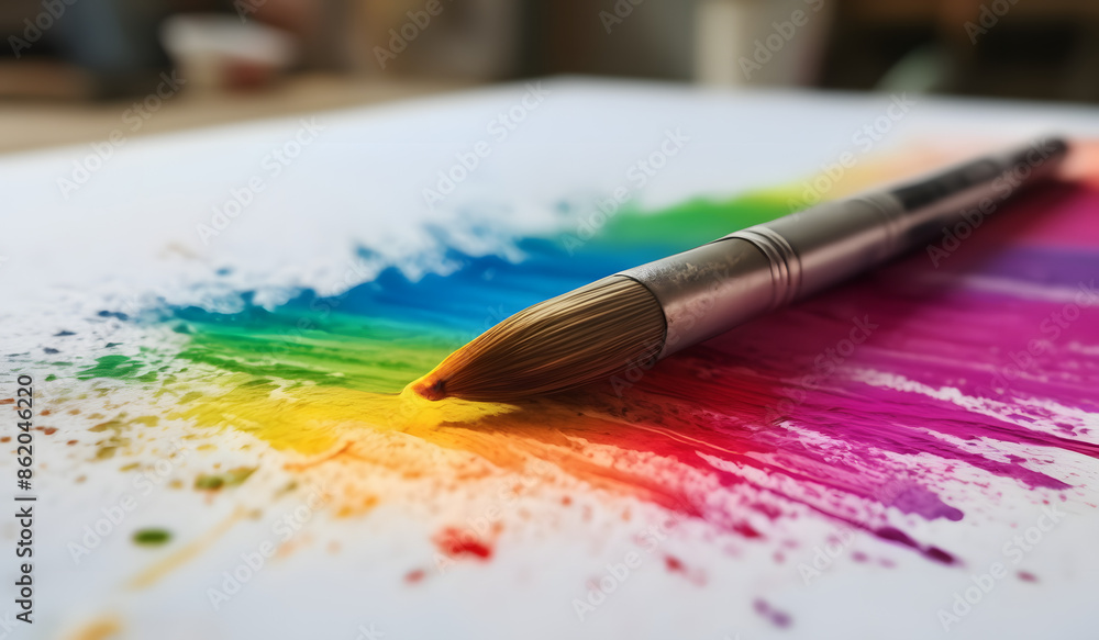Fototapeta premium A colorful array of art paints and brushes rests on the painter's palette, inspiring artistic creativity