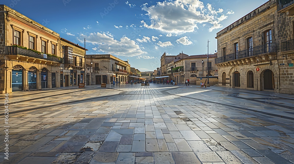 Fototapeta premium expansive public plaza surrounded by historic buildings with meticulously restored stone facades, bustling with daily activity