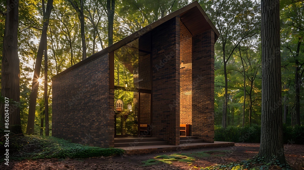 intimate chapel with a simple, elegant brick design, located in a tranquil forest clearing, blending spirituality with nature intimate chapel with a simple, elegant brick design, located in a tranquil forest clearing, blending spirituality with nature