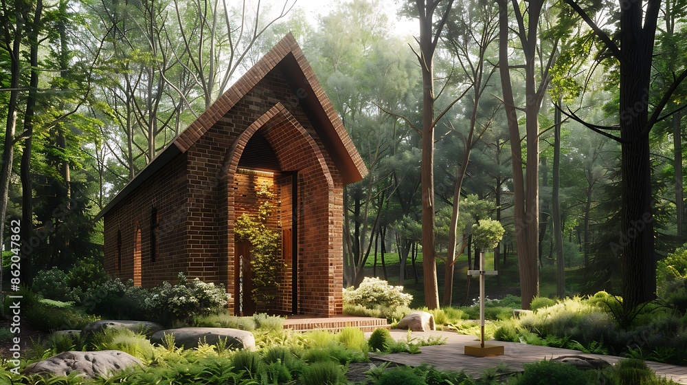 intimate chapel with a simple, elegant brick design, located in a tranquil forest clearing, blending spirituality with nature intimate chapel with a simple, elegant brick design, located in a tranquil forest clearing, blending spirituality with nature