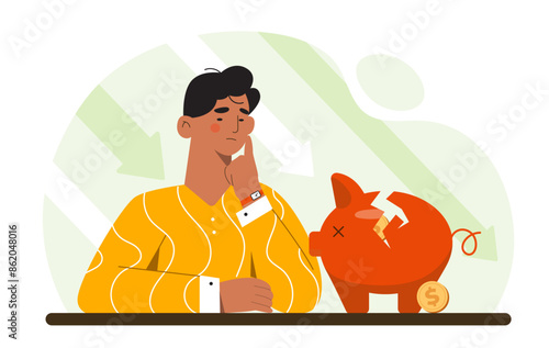 Man with economical problems. Sad young guy sitting near piggy bank with golden coins. Entrepreneur and businessman with bankruptcy. Recession and financial crisis. Cartoon flat vector illustration