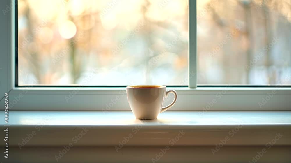 Cozy morning scene with a cup of coffee on a windowsill, animation background loop Cozy morning scene with a cup of coffee on a windowsill, animation background loop