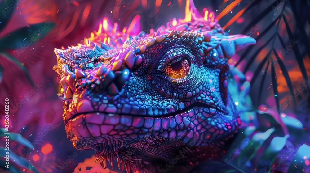 Fototapeta premium A half man, half animal creature in a digital jungle, Vibrant colors, Cyberpunk, Illustration, Surreal