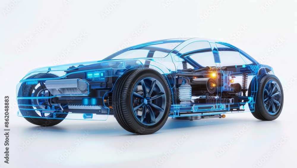 Obraz premium A detailed illustration of an electric car's internal structure, showcasing the battery and motor inside its transparent shell.