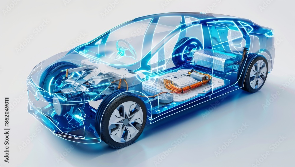 Fototapeta premium A detailed illustration of an electric car's internal structure, showcasing the battery and motor inside its transparent shell.