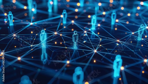 A digital illustration of an abstract network structure with glowing connections between small blocks representing people and machines, set against a dark blue background.