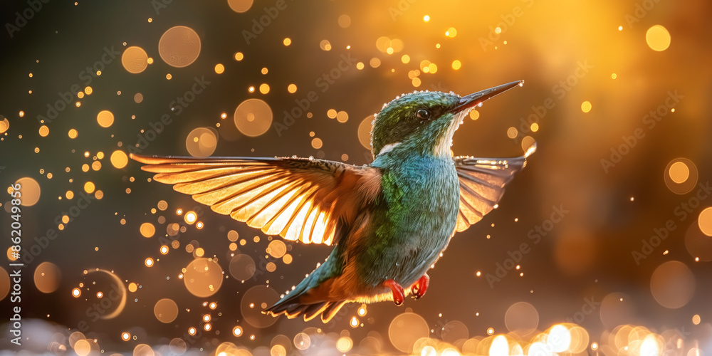 Obraz premium Close-up of a vibrant hummingbird in flight with its wings spread, set against a glowing, bokeh-filled background