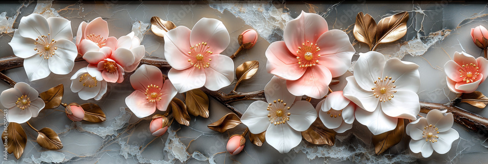 Fototapeta premium panel wall art, wall decoration, marble background with flowers designs
