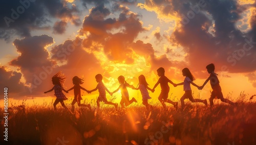 A group of children holding hands, playing in the field at sunset. The scene is captured with a wide-angle lens to capture their joyful expressions and silhouettes against the golden sky.
