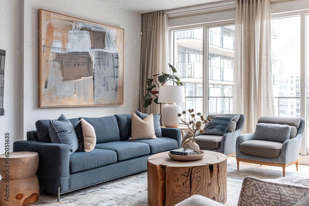 Fototapeta premium Cozy living room with large windows featuring an oversized blue sofa and modern chairs, adorned with abstract art paintings in neutral tones. 