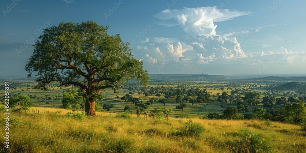 Fototapeta premium checkerboard black sky over the valley with vast baobab forest, 