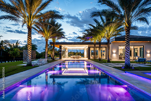 Modern Florida tropical mansion home exterior design, purple lights swimming pool, palm trees