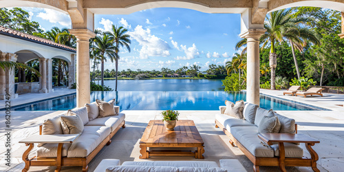 Florida luxury mansion patio on the waterfront, exterior home design, wide banner