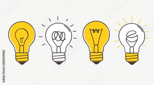 A series of lightbulb icons in yellow, with one bulb having an outline drawn on it to represent idea generation and the other three filled with simple doodles symbolizing creativity and innovation.