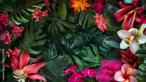 vibrant explosion of tropical flowers against a lush, green backdrop, Dynamic composition with space in the center for text © Denis