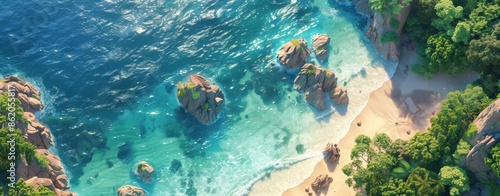 Tropical Beach Scene With Turquoise Water And Foamy Waves From Above