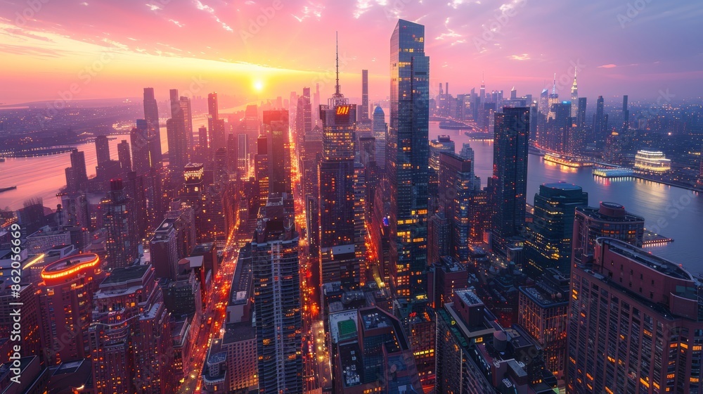Fototapeta premium Embark on a visual journey through the bustling cityscape at sunset. Watch as the vibrant lights come to life, painting the urban skyline with a warm and captivating glow.
