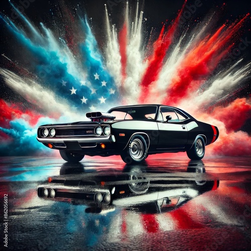 American Muscle Car on wet asphalt with USA Flag powder splash on the background.