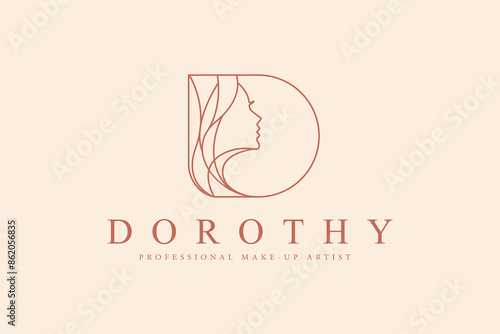 Logotype Letter D. minimalist Line Art logo design with a profile of a woman's face incorporated into the letter D