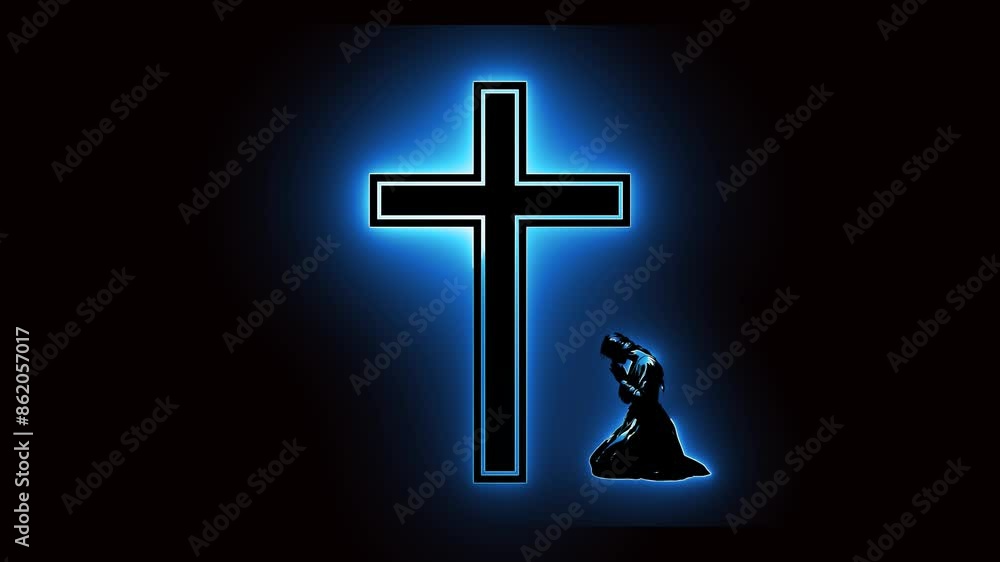 silhouette of person praying on cross symbol with light effect silhouette of person praying on cross symbol with light effect