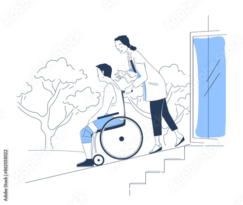 Guy in wheelchair with doctor concept. Woman in medial uniform help man with disability. Volunteer care and help. Healthcare and medicine. Linear flat vector illustration isolated on white background