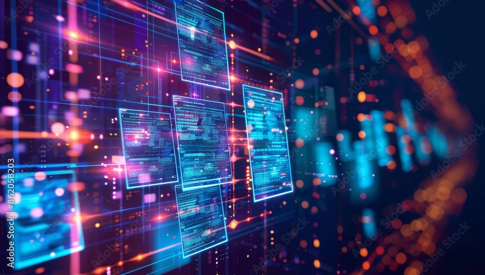 Fototapeta premium Abstract background with digital file frames floating in the air, representing online data transfer and document management technology concept.