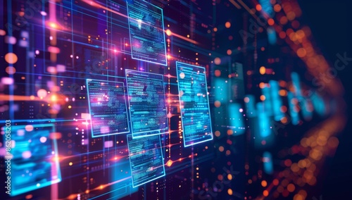 Abstract background with digital file frames floating in the air, representing online data transfer and document management technology concept.