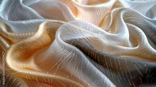 Closeup on folds of beautiful white-orange-gray gradient sheer fabric with delicate texture