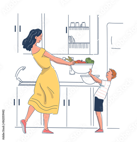 Healthy food at kitchen concept. Woman give bowl with salad to boy. Mother and son with proper nutrition and diet. Natural and orgganic products with vitamins. Linear flat vector illustration