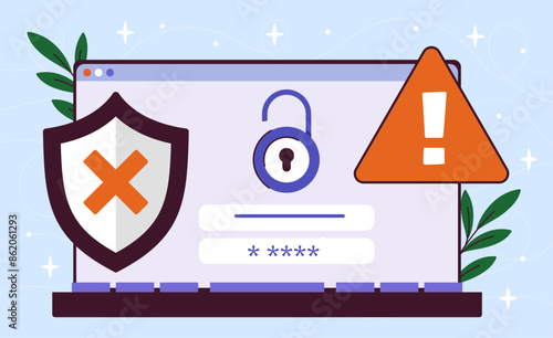 Laptop with cyber attack. Hackers attack at personal data and information, danger on internet. Modern technologies and innovations. Safety and security system. Cartoon flat vector illustration