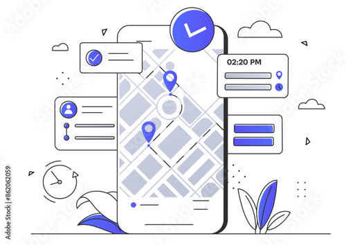 Location map at phone. Geolocation and navigation. Mobile application for travelers and tourists. GPS system with route at map. Linear flat vector illustration isolated on white background