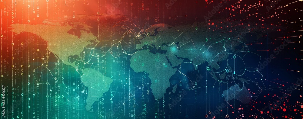 Obraz premium Abstract digital world map background with binary code and light rays, symbolizing global connectivity in technology and data transfer.