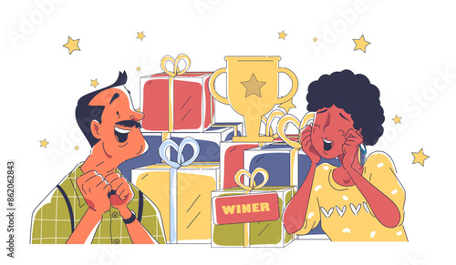 Lottery winners concept. Excited man and woman near gift boxes and presents. Game for luck and fortune. Guy and girl with prizes and award. Linear flat vector illustration isolated on white background