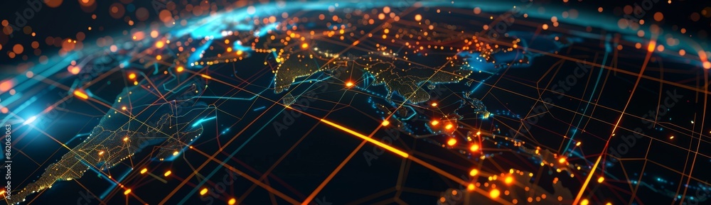 Fototapeta premium Abstract digital world map with data visualization, depicting a global business and online trading concept background with colorful light streaks and blurred city lights.
