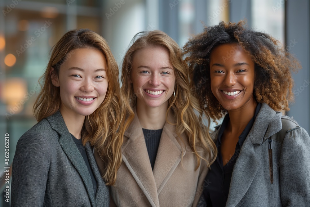 Three Women Smiling For a Portrait in a City Three Women Smiling For a Portrait in a City